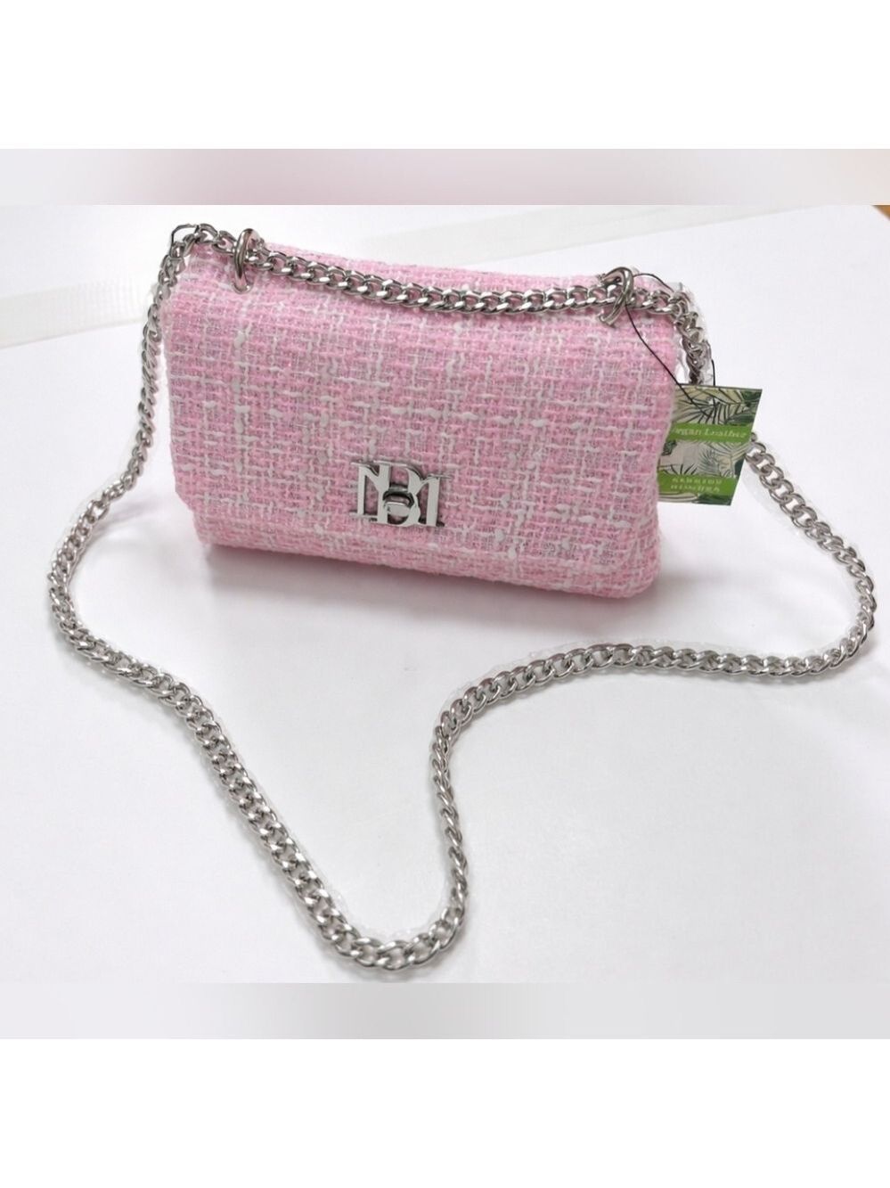 Badgley Mischka Pink Tweed Crossbody Bag Silver Chain Shoulder Purse NWT